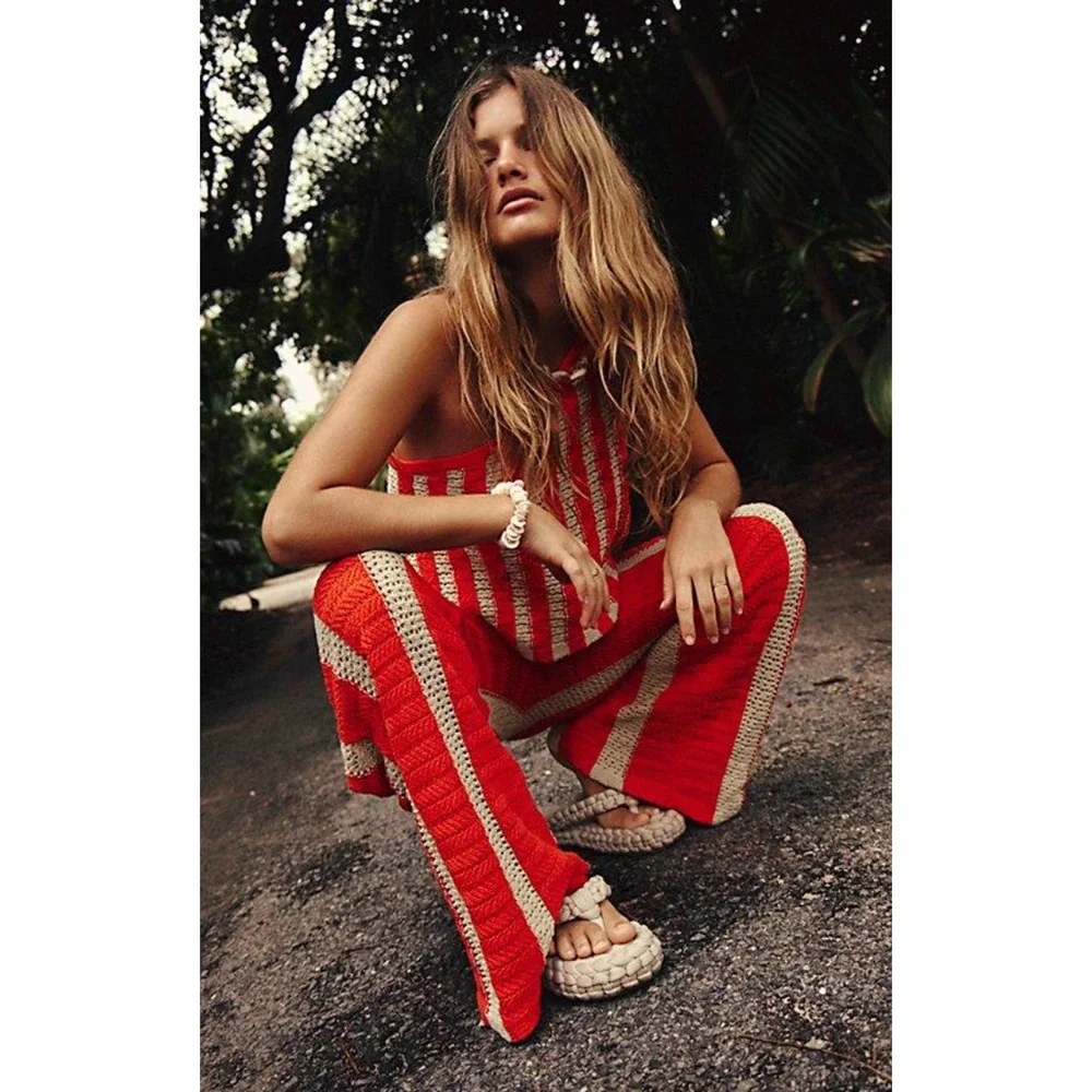 NEW FREE PEOPLE FREE-EST ORANGE TAN COMBO FREE-EST JOAN FAUXCHET PANTS TOP SET L